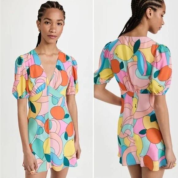 Staud Mini Milla Dress Women's Size 8 Multi Abstract Fruit Print Puff Sleeve - Picture 1 of 9
